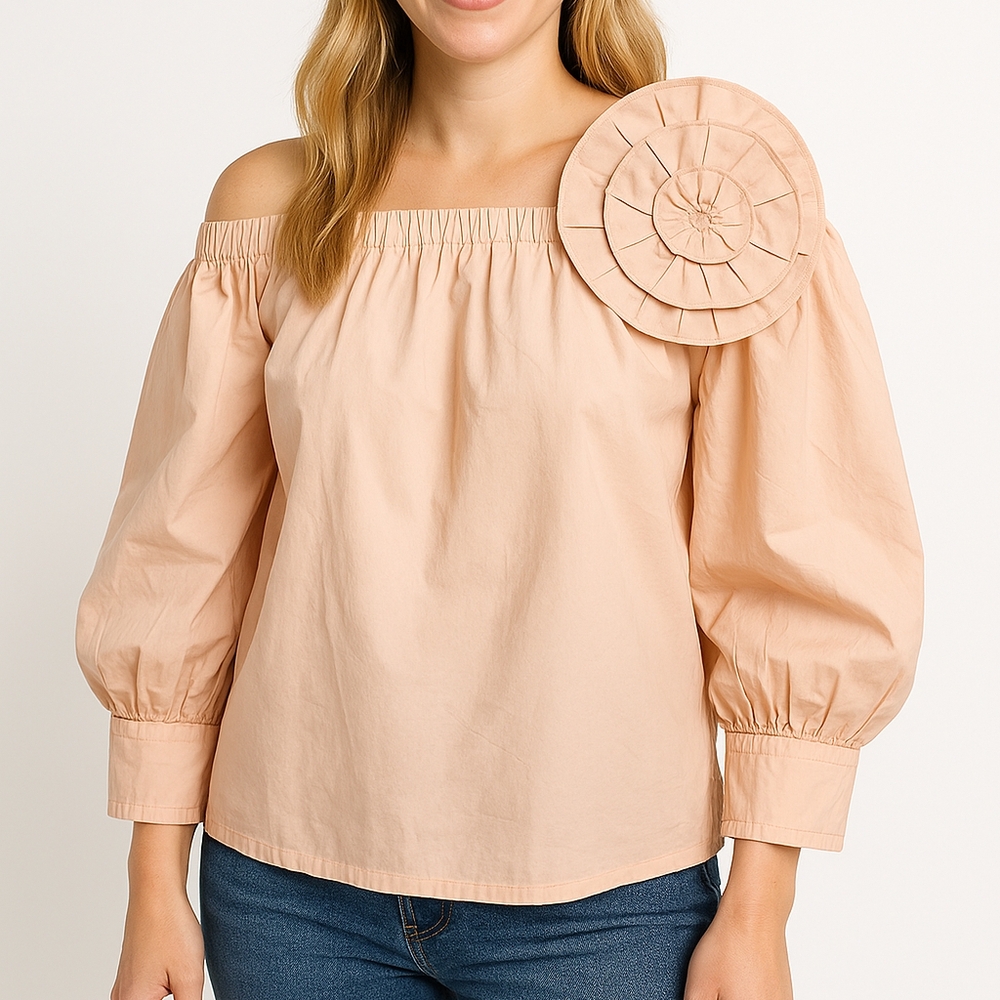 New The Drop Off The Shoulder Cotton Blush Pink Puff Sleeve Blouse Size M